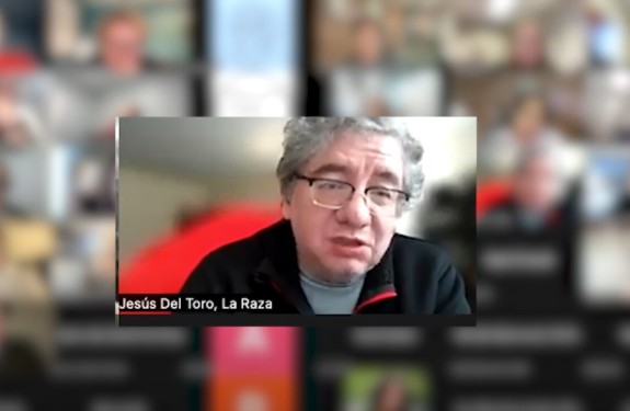 A person speaks during a Zoom call